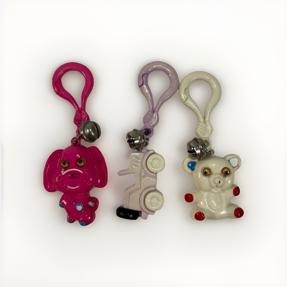 Vtg 80s Plastic Clip Bell Charm Googly Eye Teddy Bear Dog Car Set Of 3